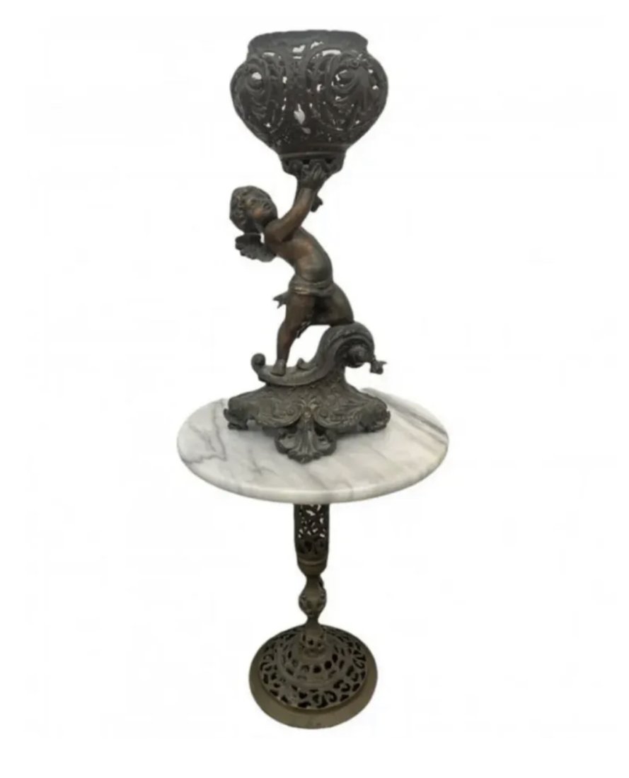 Bronze Cherub Sculpture with Marble Table (1 of 3)