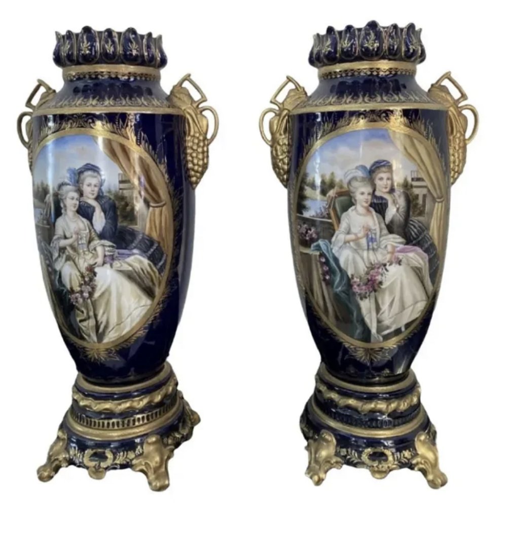 Large Pair of French Style Porcelain Urns Vases (1 of 2)