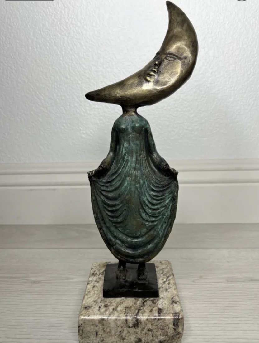 Large Moon Bronze Sculpture After Sergio Bustamante: Measurements: 13.5 in H x 4x 4