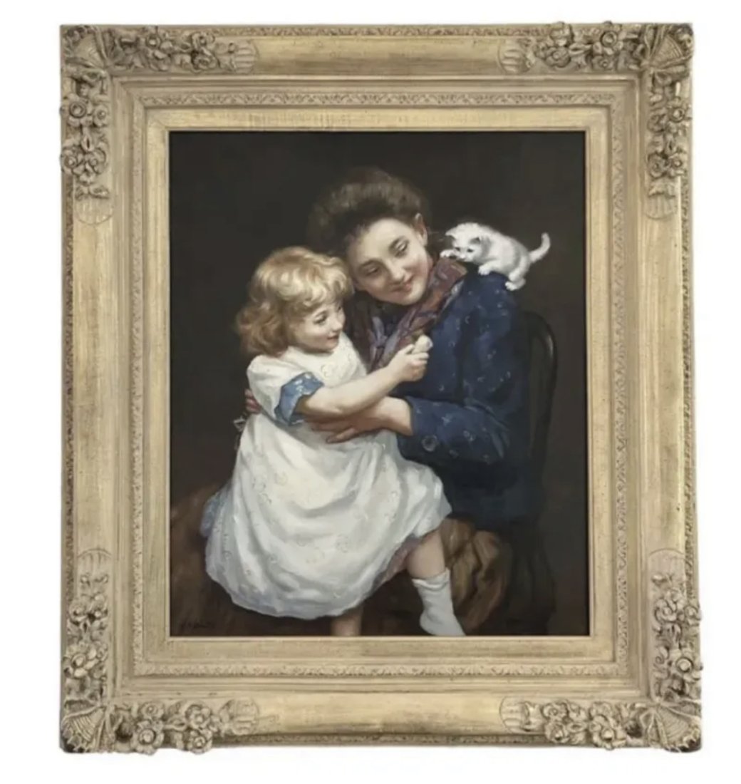 Mom, Daughter and Kitten on Canvas: Measurements: 33 in x 19 in