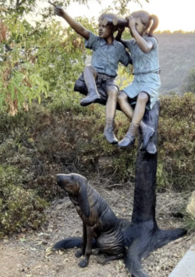 Life Size Bronze Boy and Girl Sitting with Binoculars and Dog Sculpture (1 of 4)