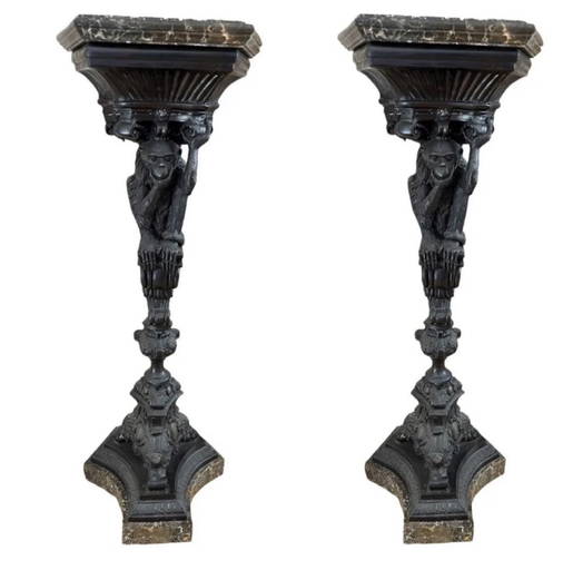 Pair Of Large Monkeys Bronze Pedestals Sculpture With Marble Top
