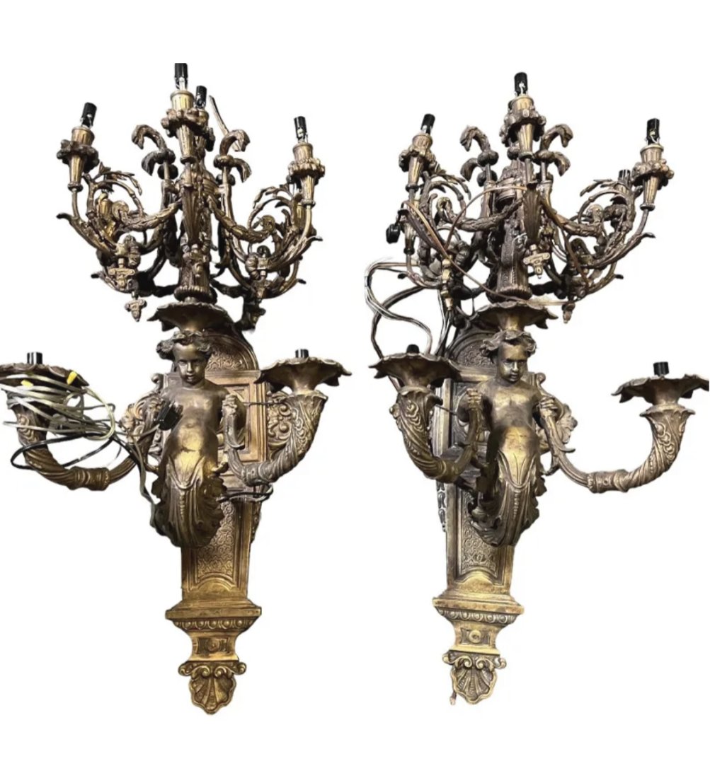 Large Cherubs Wall Candelabras Bronze Sculptures (1 of 1)