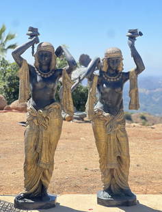 Pair of Life Size Egyptian Ladies Bronze Lamp Statues: Life size bronze - Measurements 77 in height x 27 inches