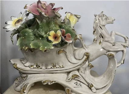 Large Italian Capodimonte Porcelain Carriage Horse: Made in Italy-Measurements: Measurements: 19 in L x 13 in H x 6 in W