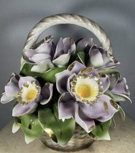 Large Italian Capodimonte Flower Basket: Measurements: 11. 5 in H x 11.5 in Diameter