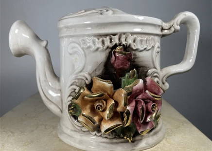 Large Italian Capodimonte Watering Can: Porcelain - Made in Italy - Measurements: 11 in H x 8.5 in L x 6 in W