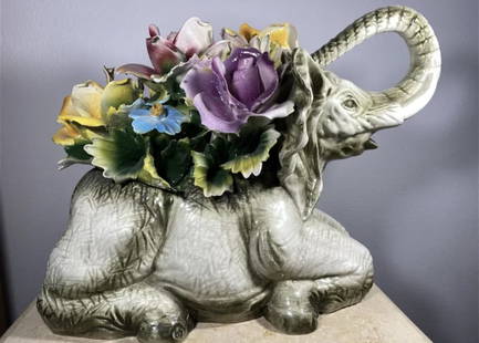 Large Italian Capodimonte Elephant: Porcelain - Made in Italy - Measurements: 16 in L x 12 in H x 8 in H