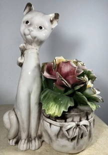 Italian Capodimonte Cat and Flowers: Porcelain - Made in Italy - Measurements: 12 in H x 8 in L x 5 in W