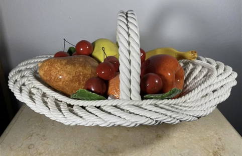 Italian Capodimonte Fruit Basket: Porcelain - Made in Italy - Measurements: 15 in L x 8 in H x 10 in w