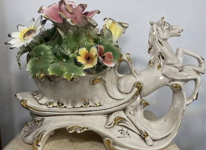 Large Italian Capodimonte Porcelain Carriage Horse: Made in Italy-Measurements: Measurements: 19 in L x 13 in H x 6 in W