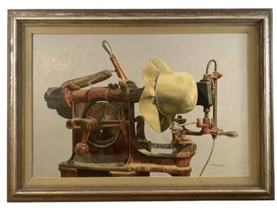 1981 Sewing Machine Oil on Panel by Walt Johnston: Frame: 44 in H x 32 in - Painting: 35 1/2 x 23 1/2 ***** Walt Johnston was a contemporary realist. He looked at everything in the most modern way, saw the underlying abstract form, then brought that v