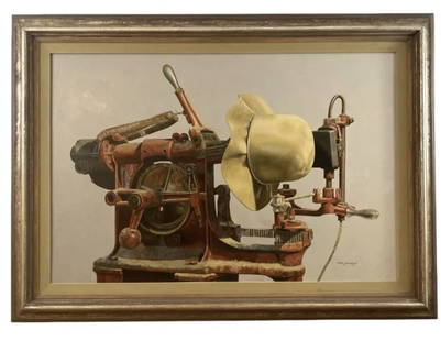 1981 Sewing Machine Oil on Panel by Walt Johnston: Frame: 44 in H x 32 in - Painting: 35 1/2 x 23 1/2 ***** Walt Johnston was a contemporary realist. He looked at everything in the most modern way, saw the underlying abstract form, then brought that