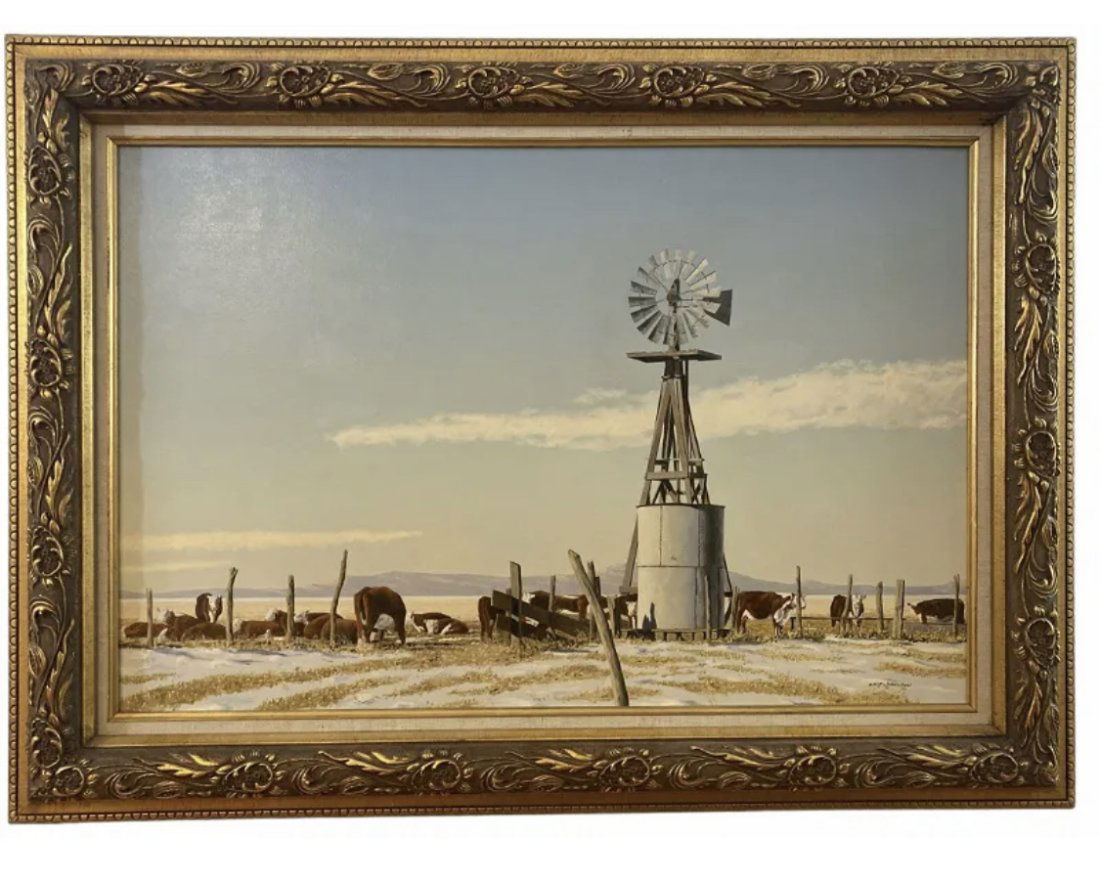 1983 Windmill Cow Ranch Oil on Canvas Color by Walt Johnston (1 of 4)