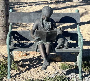 Life Size Bronze Girl and Dog Sititng Reading a Walt Disney Book Bench Statue: Aprox Measurements: 40x 33 x 28 in