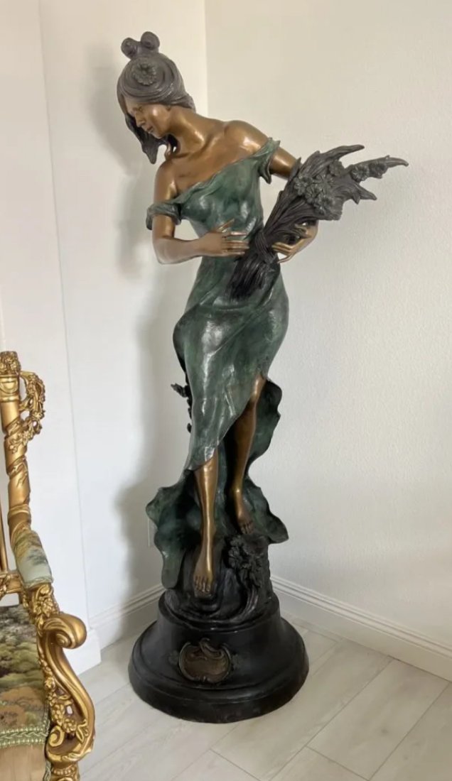 Life Size Bronze Queen with Flowers Bronze Sculpture -Auguste Moreau (1 of 5)