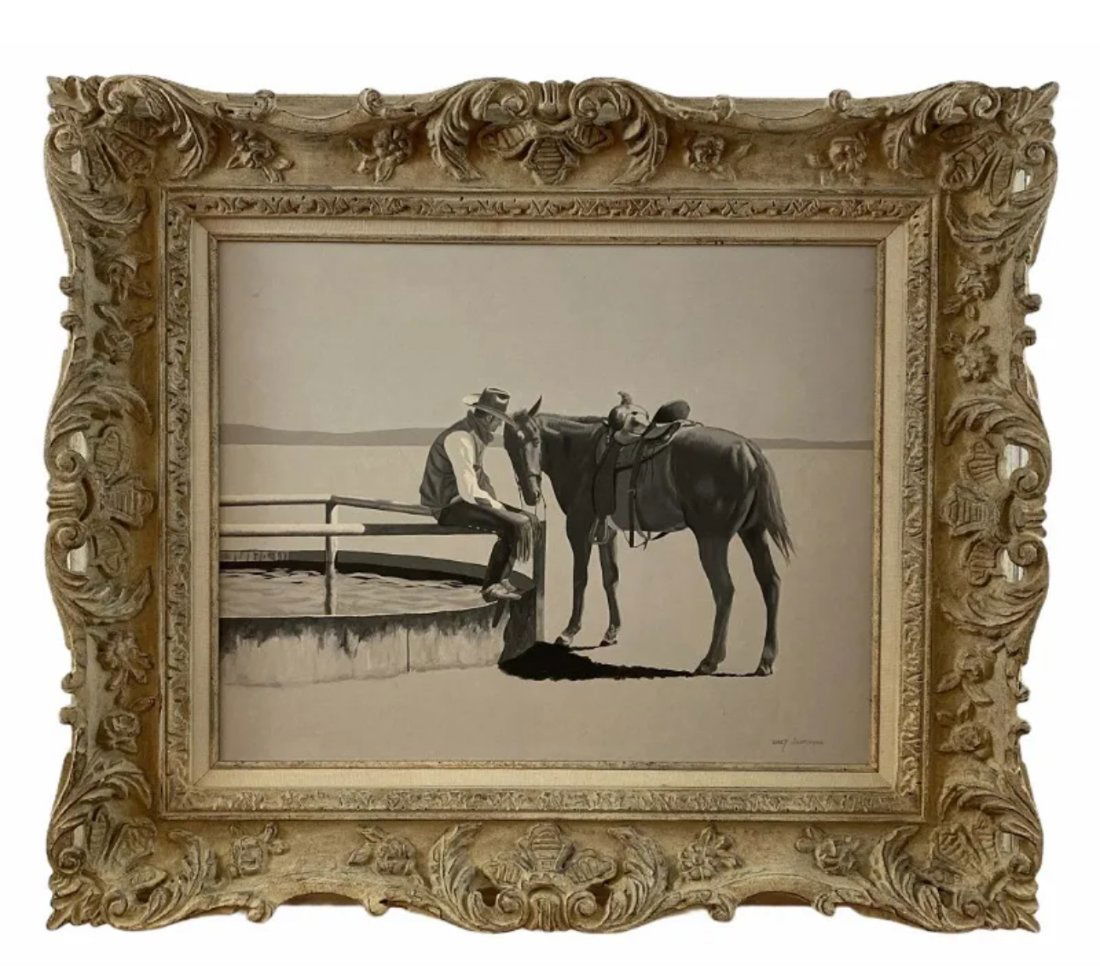 Horse and Rider Black and White Painting Collection by Walt Johnston: Western - Horse - Cowboy Oil painting on Canvas - Frame: 28 in H x 24 in