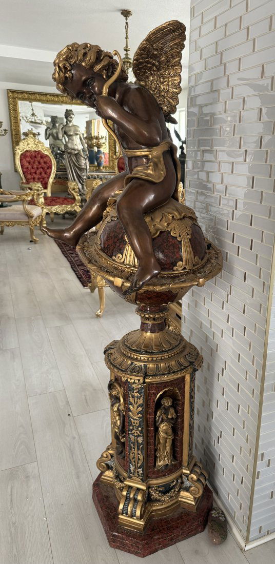 Life Size Bronze Pedestal Cherub on World  Sculpture (1 of 4)