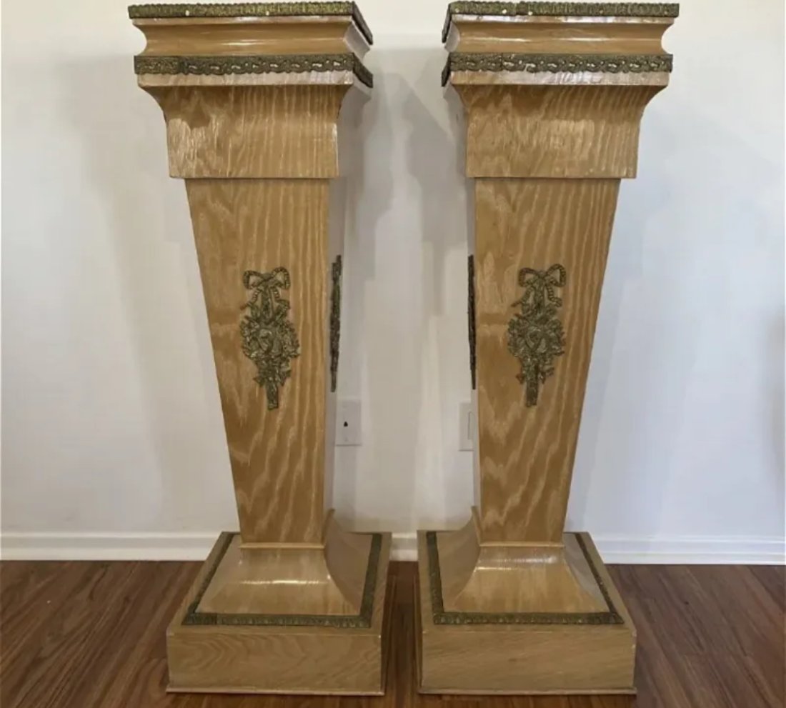Large Pair of French Style Wood Inlaid Brass Pedestals (1 of 3)