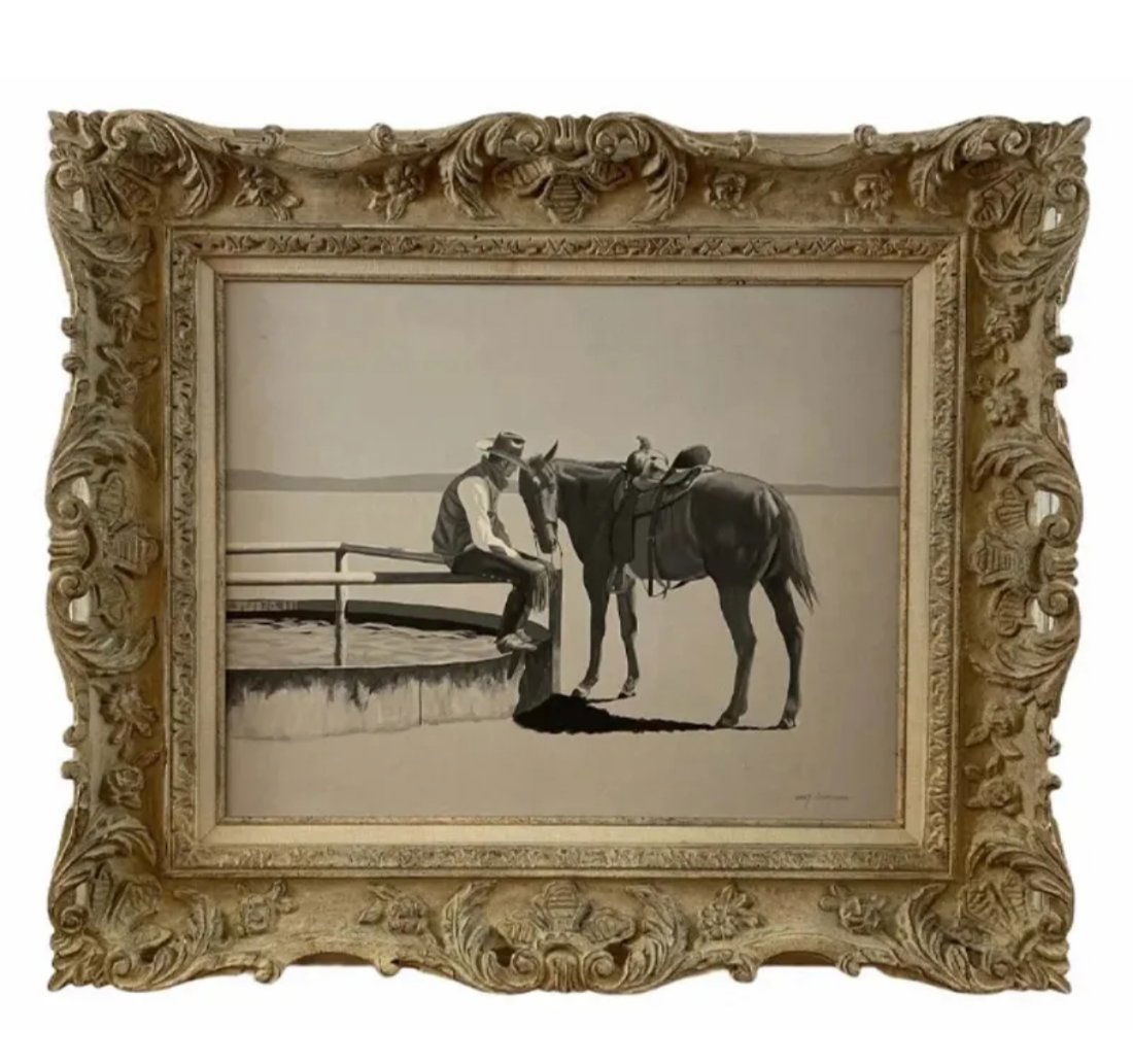 Horse and Rider Black and White Painting Collection by Walt Johnston: Western - Horse - Cowboy Oil painting on Canvas - Frame: 28 in H x 24 in