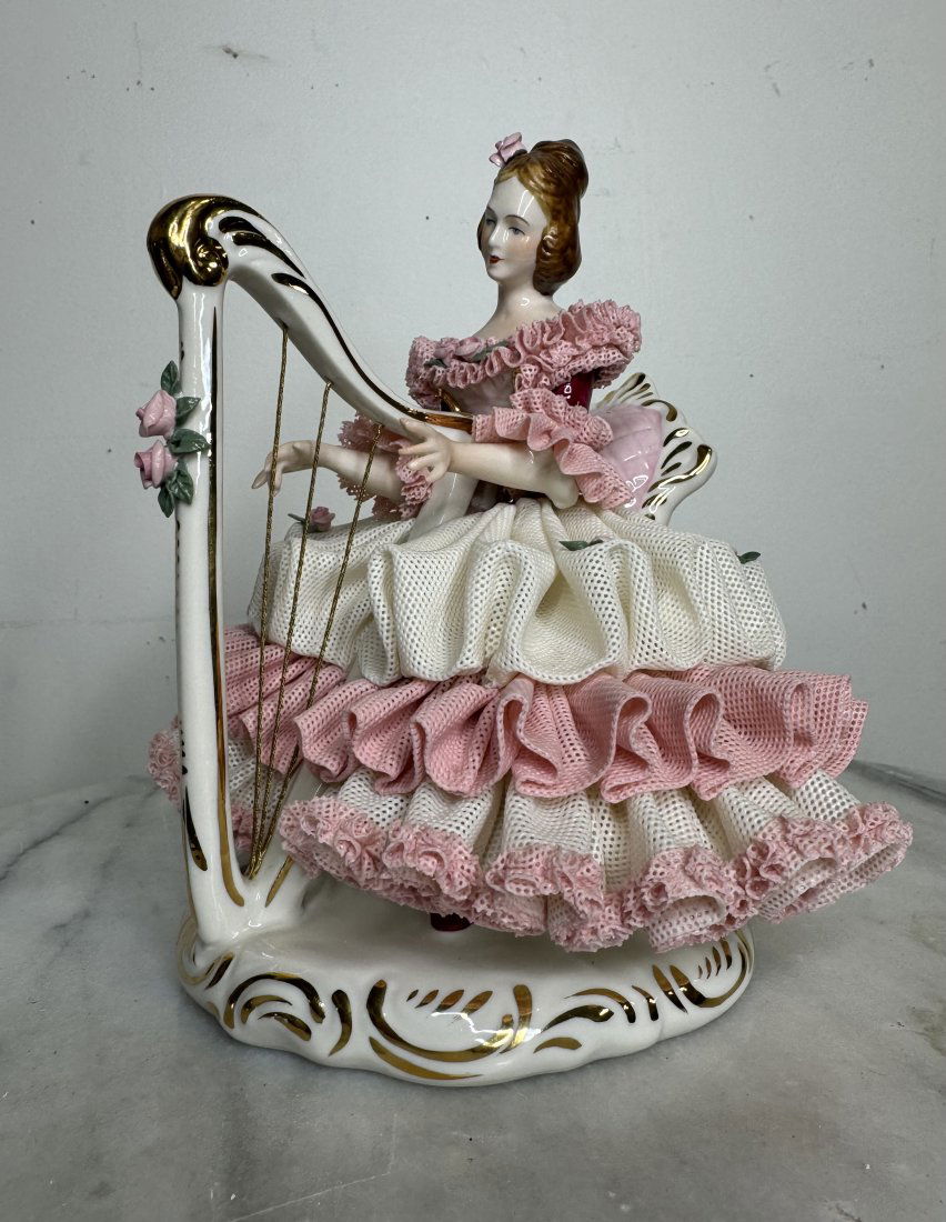 Germany Dresden Porcelain Lace Woman with Harp: Measurements: