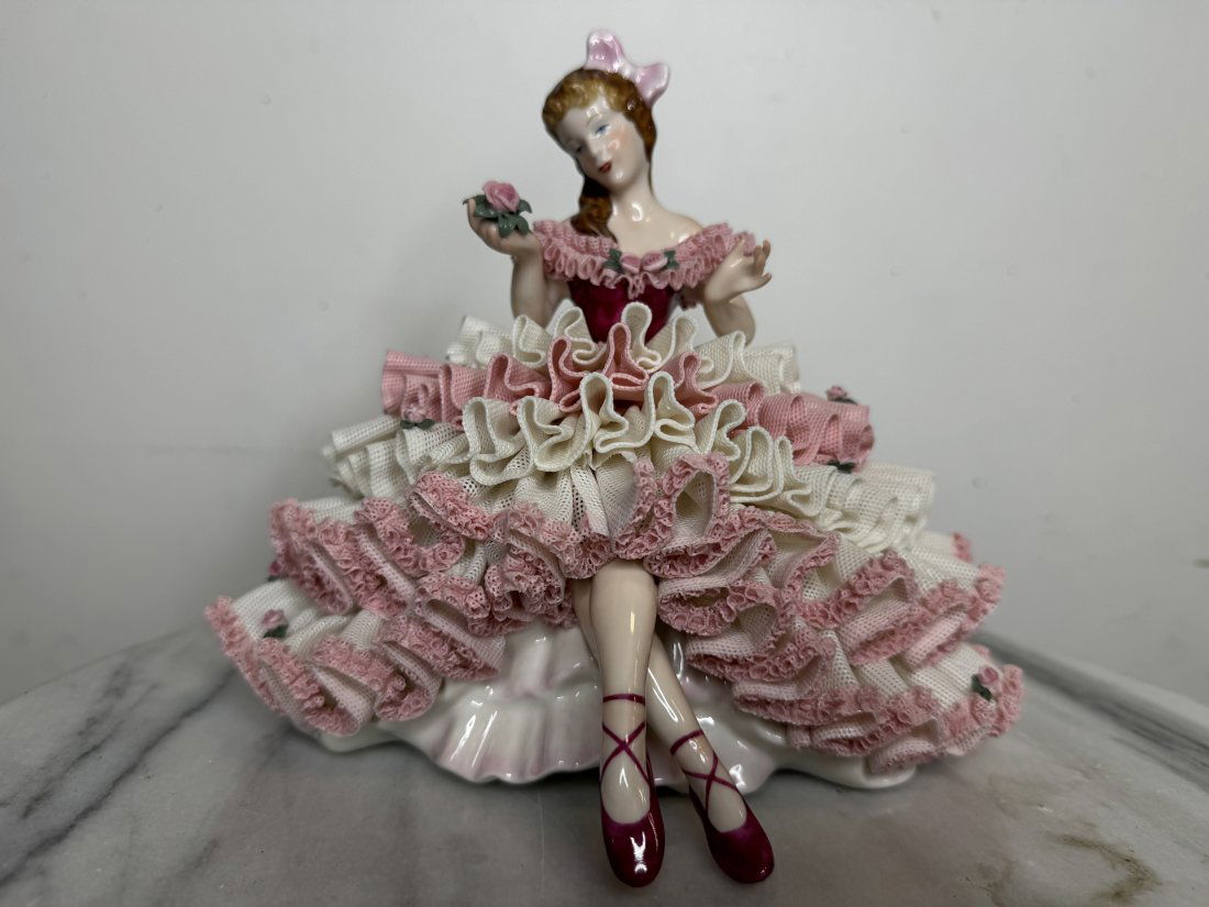 Large Germany Dresden Porcelain Lace Woman with Harp: Measurements: 8 x 9 in x 7