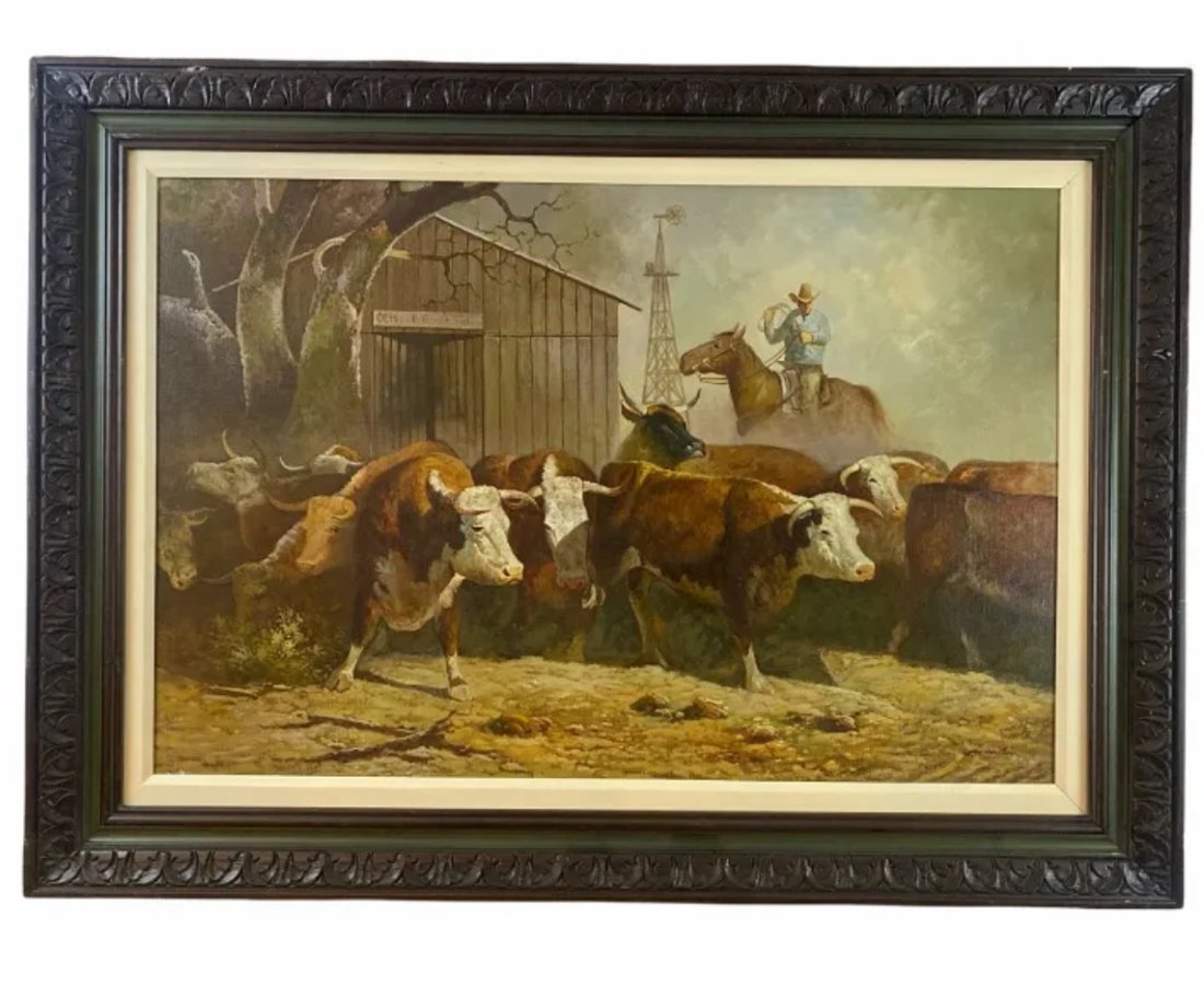 Cowboy Oil Painting on Canvas by Jan Watson: Frame: 44 in x 32 -
