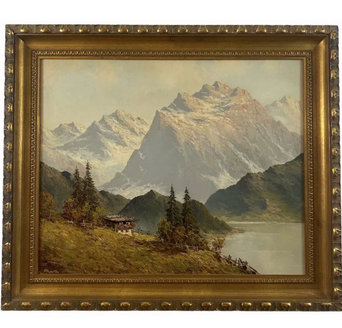 River Mountain Landscape Oil Painting on Panel Signed (1 of 4)