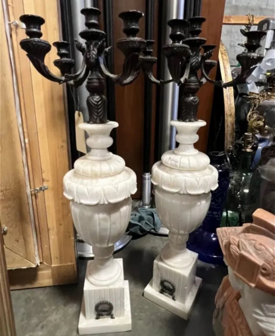 Pair of Large Marble and Bronze Candleholders Set (1 of 3)