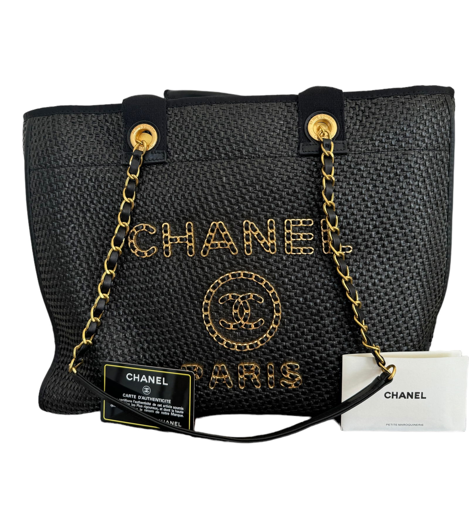 CHANEL  Straw Raffia Calfskin Chain Small Deauville Tote Black (1 of 9)