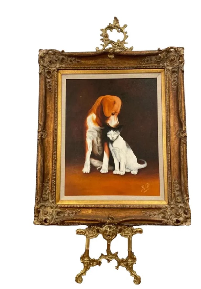 Best Friends - Dog & Cat Oil Painting by W. Hayes (1 of 3)