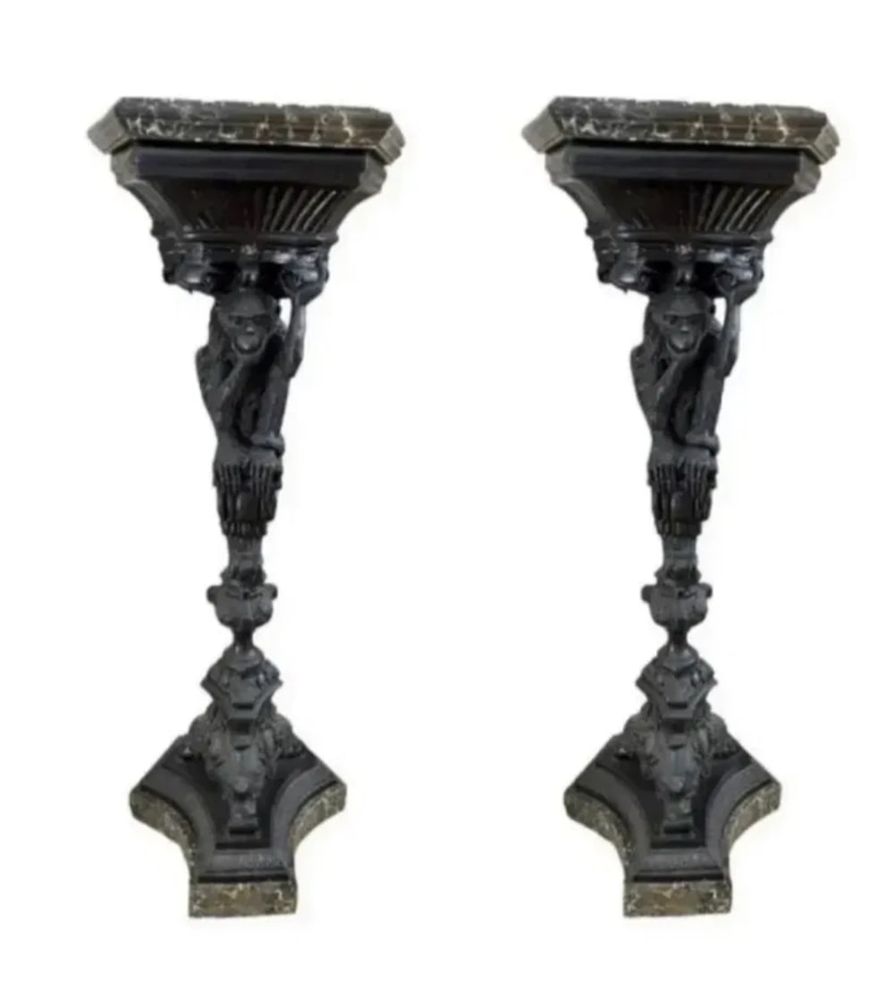 Pair of Large Monkeys Bronze Pedestals Sculpture With Marble Top (1 of 2)