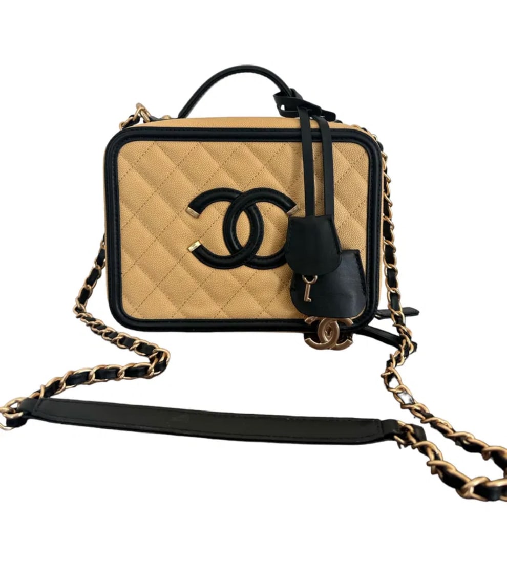 Chanel Quilted Medium CC Filigree Vanity Case Beige Black (1 of 7)