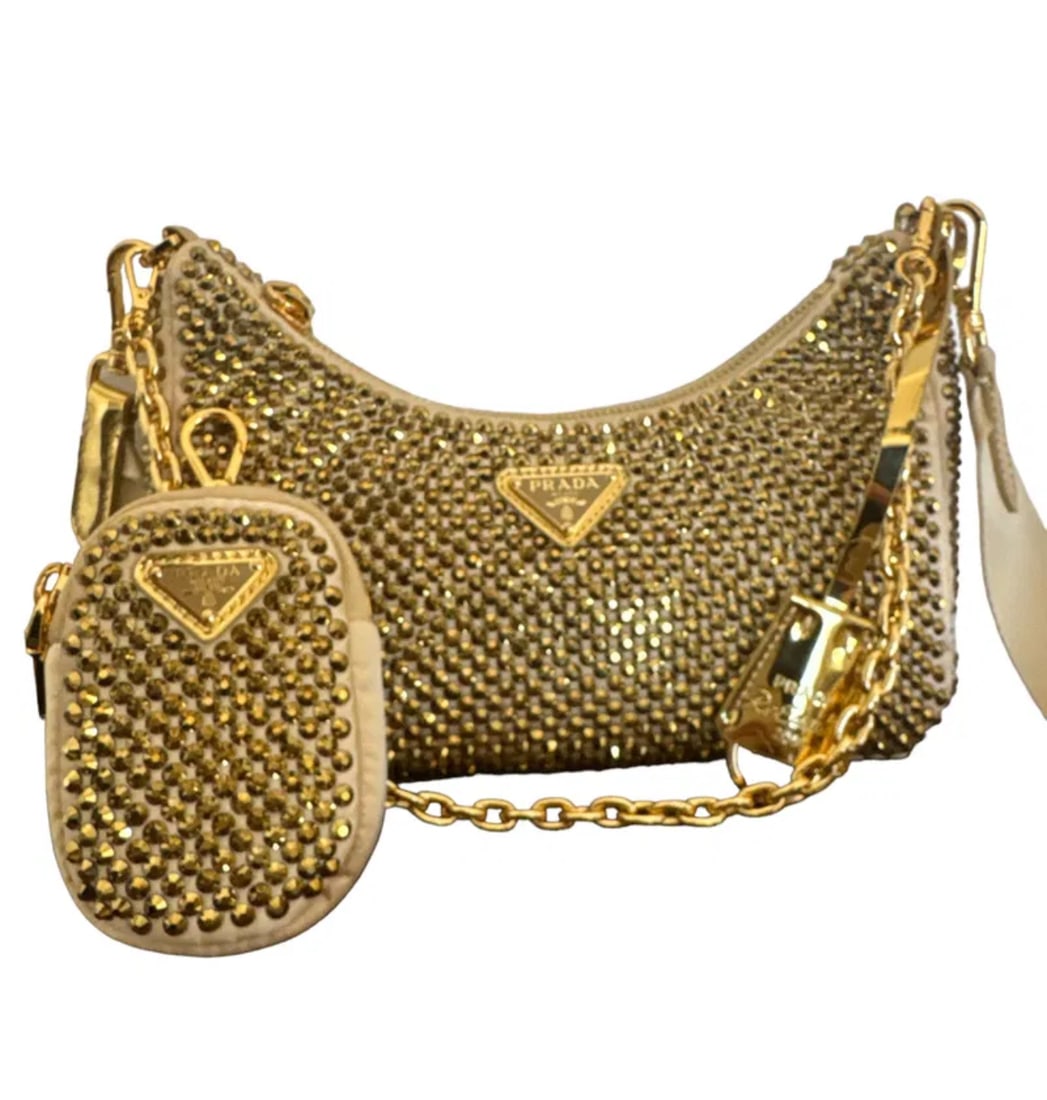 Prada Re-Edition 2005 Satin Crystal Platinum Gold Shoulder Bag (1 of 6)