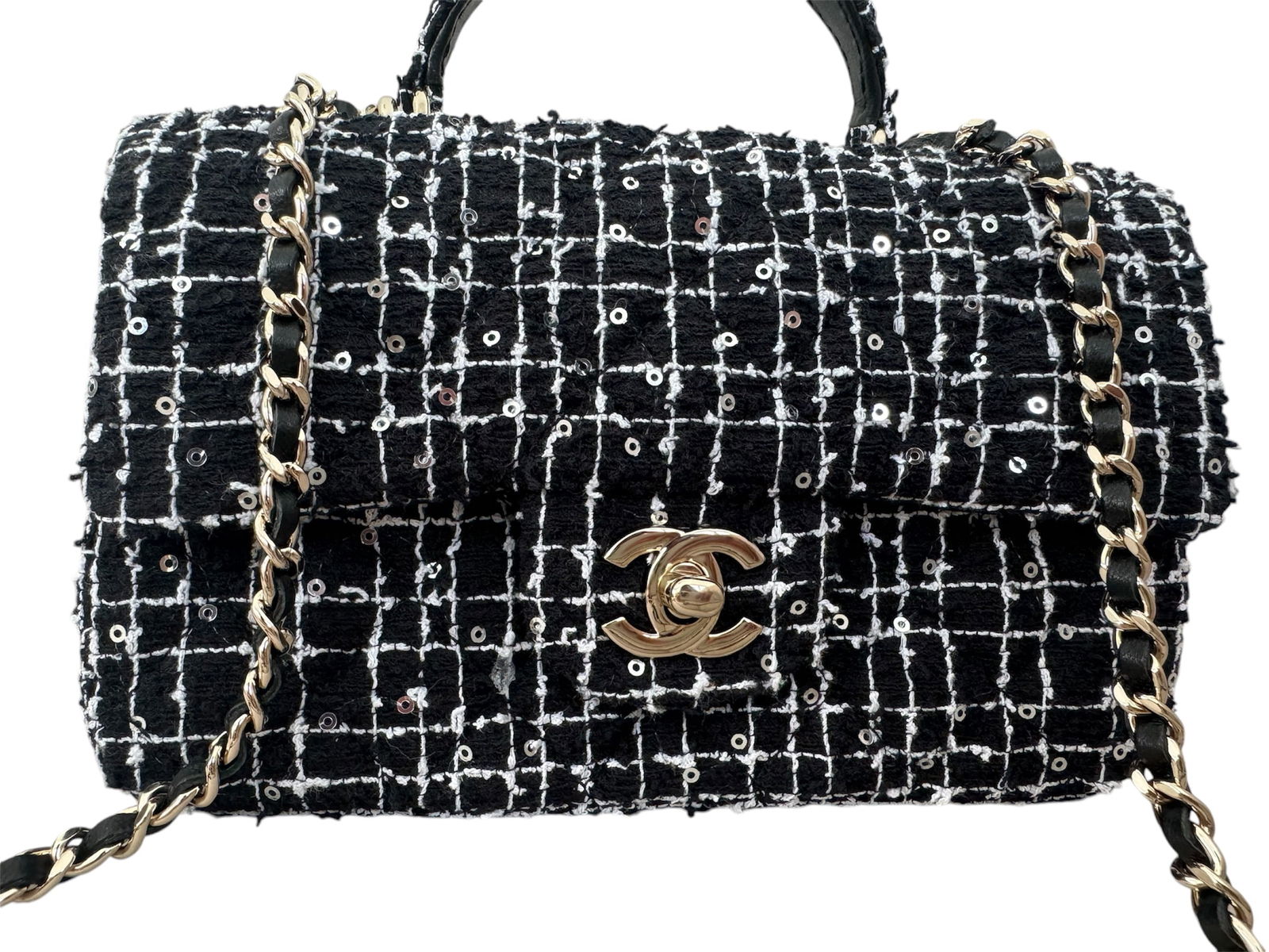 Chanel Tweed Quilted Mini Top Handle Rectangular Flap Black White Bag (1 of 6)