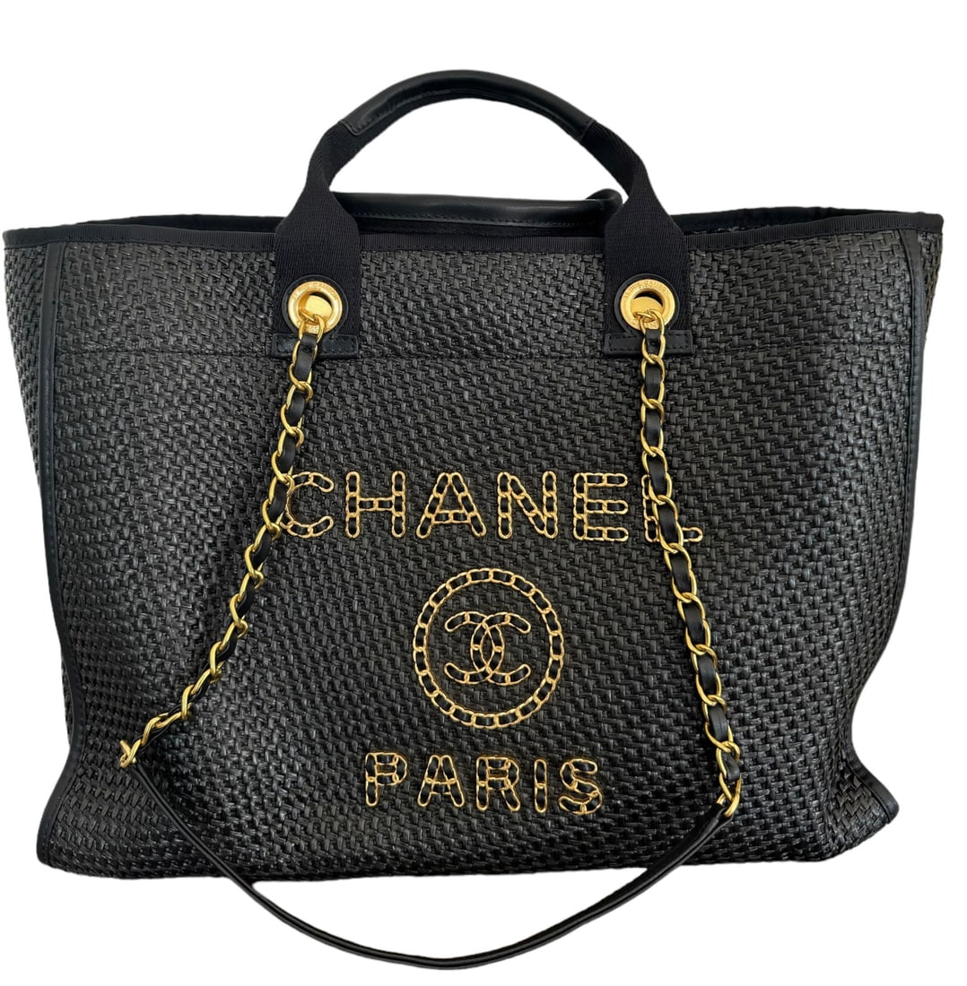 CHANEL Straw Raffia Calfskin Chain Small Deauville Tote Black (1 of 7)