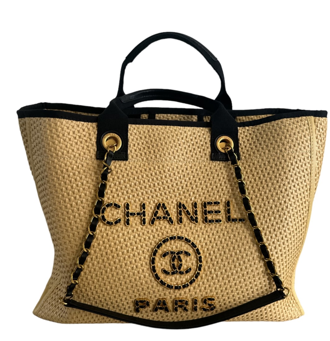 Chanel Straw Raffia Calfskin Chain Medium Deauville Tote Beige Black (1 of 6)
