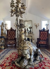 Monumental Life Size Bronze Goddess and Lion Floor Lamp Sculpture