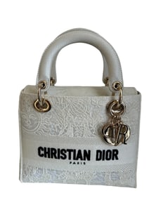 Christian Dior Lady White Toile de Jouy Soleil Macramé Embroidery Bag