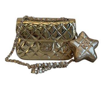 Mirror Calfskin Metallic Calfskin Quilted Hollywood Boulevard Mini Flap With Star Coin Purse Gold
