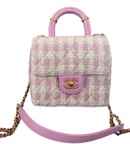 CHANEL Pink Quilted TWEED CRUSH TOP HANDLE FLAP SATCHEL