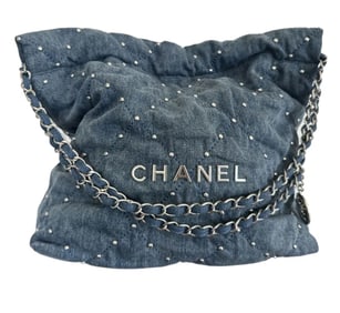 Chanel 22 Bag Blue Studded Denim Silver Hardware