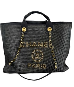 CHANEL Straw Raffia Calfskin Chain Small Deauville Tote Black
