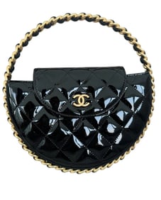 Chanel Black Quilted Patent Chain Around Hoop Top Handle Bag Gold Hardware