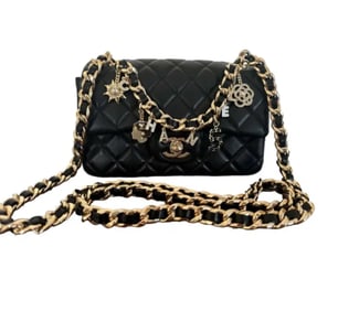 Chanel Black Quilted Lambskin Mini Rectangular Coco Charms Flap Bag Gold Hardware