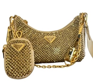 Prada Re-Edition 2005 Satin Crystal Platinum Gold Shoulder Bag