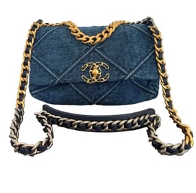 CHANEL Denim Quilted Medium Chanel 19 Flap Blue