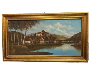 Lanscape Castle Village by Lake Oil Painting by Nash