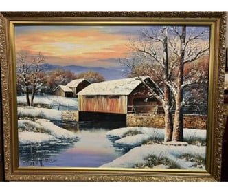 Large Lanscape Cabins Lake Snow Scene Oil Painting by K. Michealson