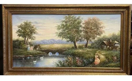 Large Landscape Girls by Lake Cabin House Oil Painting by C. Manning